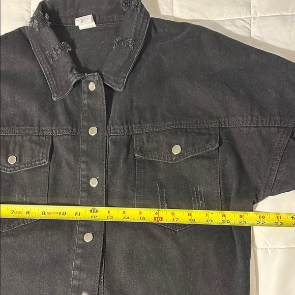 Black Denim Button Down Distressed Shacket Shirt Jacket - Picture 6 of 12
